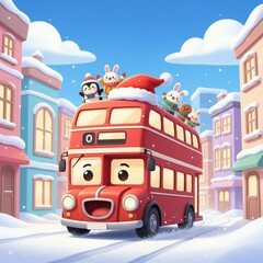 Cute Christmas red bus with happy animal characters and festive decorations driving through snowy winter city