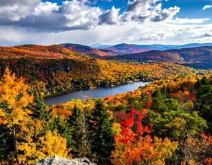 A breathtaking view of autumn foliage surrounding a lake under a cloudy sky