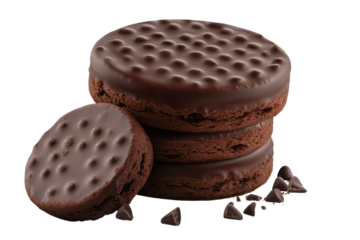 Realistic chocolate biscuit stacked on a clean surface with chocolate chips scattered nearby