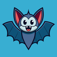 Obraz premium Adorable cartoon bat with wide eyes and a friendly smile spreading its wings on a bright blue background