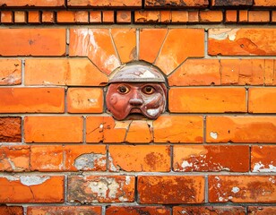 A brick wall with a sculpted face peering out, centered like a curious window