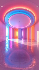 A bright, abstract room with glowing neon circles, sunlight streams through window