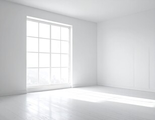 A bright, all-white interior space featuring large window casting sunlit shadows on wooden floor