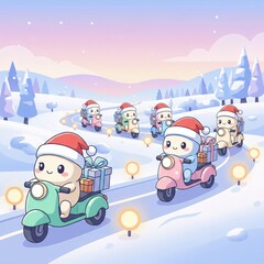 Cute Christmas Scooter Delivery Characters Riding Through Snowy Winter Landscape