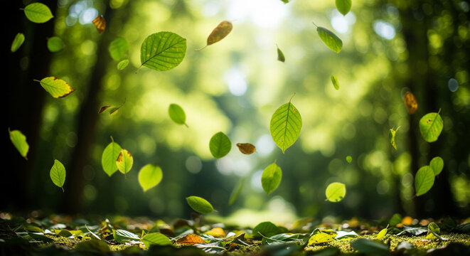 background of falling green leaves