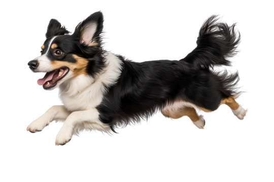 Energetic dog leaps in the air with excitement in a clear space showcasing its playful spirit and joy