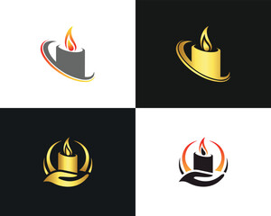 Four candle logos with flame and abstract shapes in gold gray and vector template black fire light