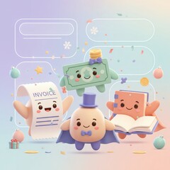 Cute Christmas Finance and Book Character Celebration with Festive Holiday Decorations and Confetti