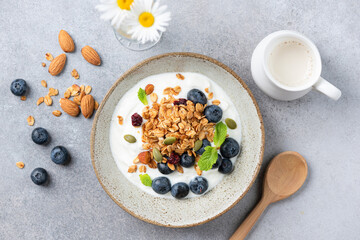 Yogurt bowl with granola and blueberries. Healthy diet meal