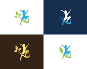 Four logo variations human figure with leaves and abstract shapes vector template