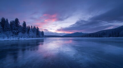 A vast frozen lake surrounded by snow-covered pine trees, twilight sky with shades of purple and blue, reflections on the icy surface, distant mountains