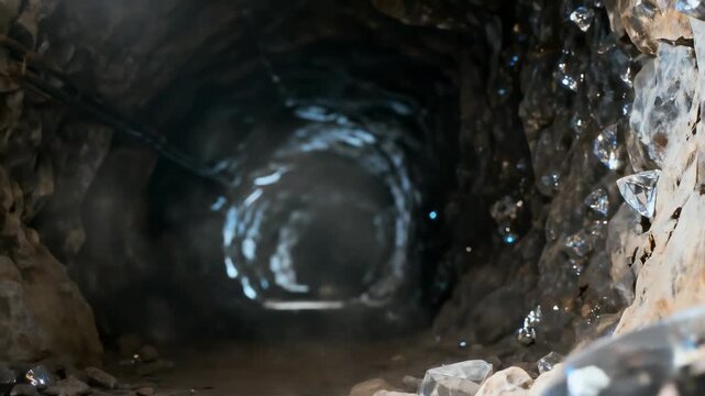 Underground Diamond Mine Tunnel with Sparkling Crystal Walls, Cinematic Light