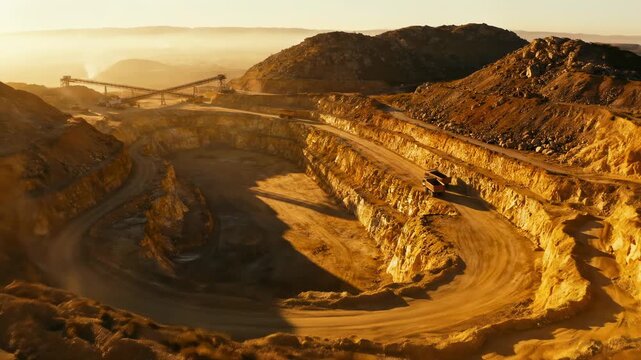 Aerial View of Open-Pit Gold Mine under Sunlight, Industrial Mining Scene