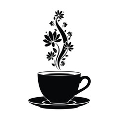 Black silhouette of a steaming coffee cup with floral steam rising in an artistic illustration