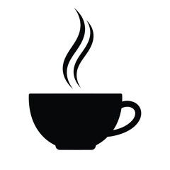 Simple black silhouette of a steaming hot coffee cup with wisps of steam rising upwards