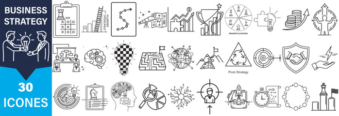 A collection of 30 business strategy icons presented in a distinctive silhouette style, showcasing various concepts and ideas.