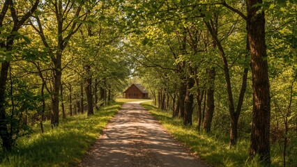 Fototapeta premium A peaceful forest path leading to a small cabin, surrounded by lush green trees and sunlight filtering through the leaves.