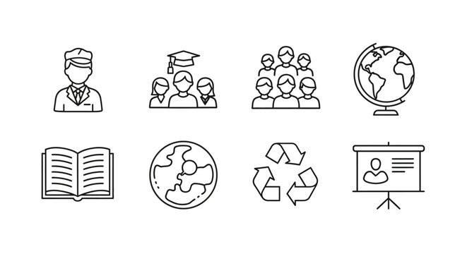 Education and learning icons: linear school elements featuring students, globe, and recycling