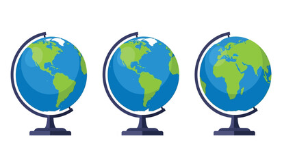 Three stylized globes showing continents in blue and green, symbolizing global connection and geography on white background.
