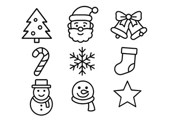 Collection of nine black and white hand drawn line art christmas icons including a christmas tree santa claus gingerbread man snowflake candy cane stocking and star on a white background