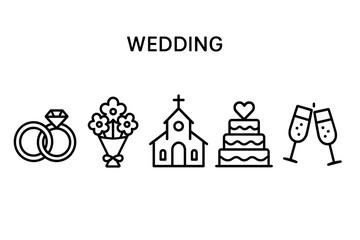 Fototapeta premium Wedding Icons Featuring Rings Bouquet Church Cake and Champagne Glasses on a White Background