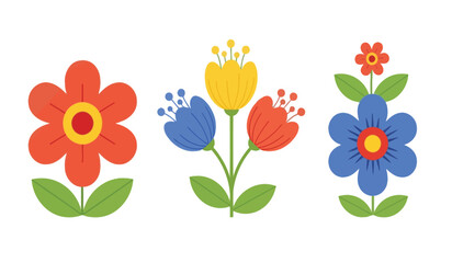 Colorful abstract folk art style flowers with green leaves and stems arranged on white background