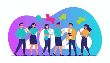 Diverse business people planning goals for 2024 Teamwork success and happy new year concept illustration