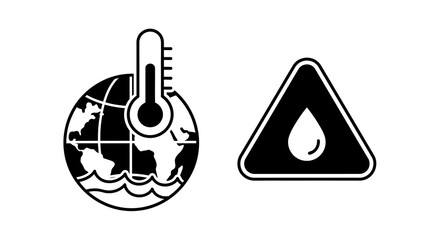 Climate change icons: global warming and water alert symbols