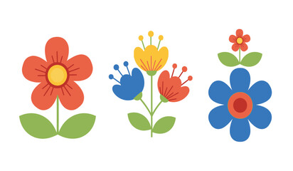 Stylized folk art flowers in red, blue, and yellow with green leaves on white background vector illustration