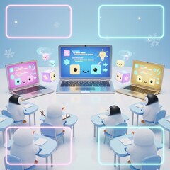 Cute Christmas coding classroom with laptop and penguin character learning programming in festive winter scene