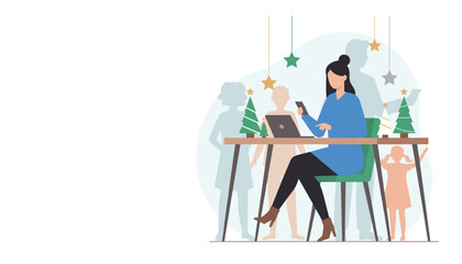 Remote work during Christmas Woman using phonelaptop at decorated desk