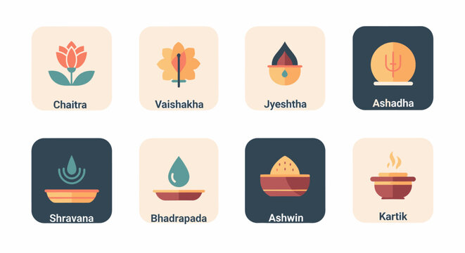Collection of Hindu calendar month icons representing auspicious times for traditions and rituals