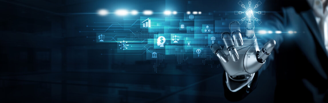 Humanoid robot touch decentralized finance concept. Blockchain innovation reshaping global transactions, enabling secure, transparent, and peer-to-peer financial ecosystems. - Powered by Adobe