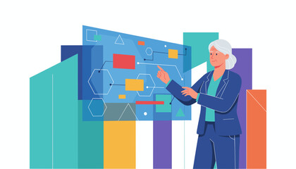 Experienced executive analyzing a complex data network display