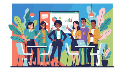 Diverse successful business team standing in a vibrant office ready for success and collaboration