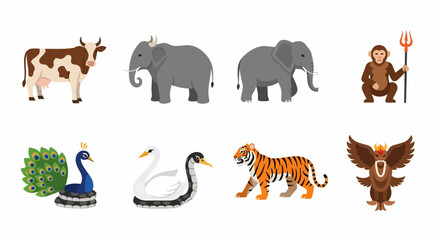 Fototapeta premium Collection of diverse animals including a cow, elephants, monkey, peacock, swan, tiger, and a mythical creature