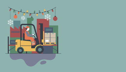 Worker drives forklift with packages under festive lights Seasonal shipping and retail logistics
