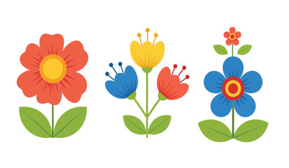 Set of three simple flat design cartoon flowers with green leaves and stems, on a white background