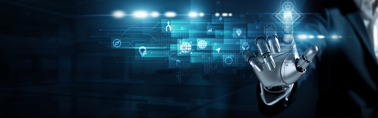 Humanoid robot touch geographic information system concept. Mapping, tracking, and analyzing spatial data with intelligent visualization for real-time decision support.