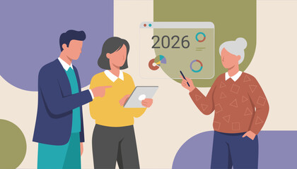 Business team reviewing financial strategy and planning for the year 2026 presentation