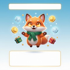 Cute fox mascot with Christmas coin gift and snowflake in festive winter digital reward theme