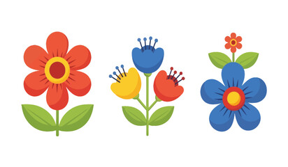 Stylized floral illustrations featuring red, blue, and yellow flowers with green leaves against a white background.