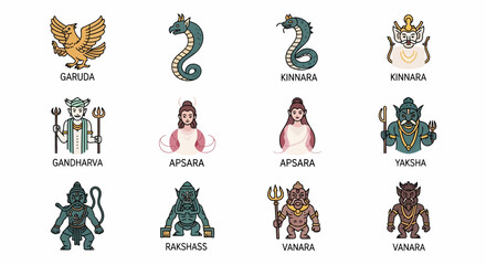 Obraz premium Collection of mythological figures and deities from Indian culture and folklore, including Garuda, apsaras, and rakshasas