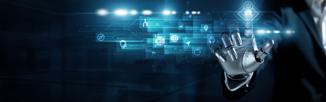 Humanoid robot touch geographic information system concept. Mapping, tracking, and analyzing spatial data with intelligent visualization for real-time decision support.