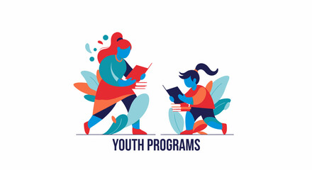 Flat vector illustration of a mother and daughter reading books together, a colorful concept for education, literacy, and youth development programs