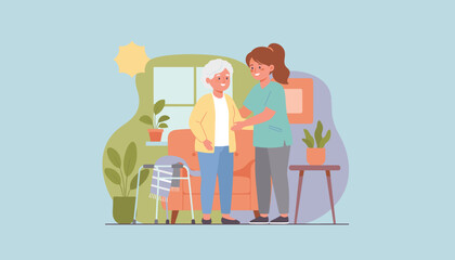 Caregiver supporting senior woman with mobility at home Home health service illustration