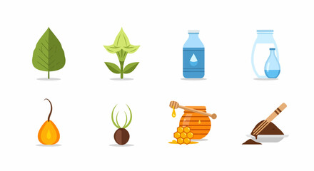 A versatile set of flat design icons depicting natural food ingredients and plants. Vector collection including honey, milk, leaves, and flowers for web and print