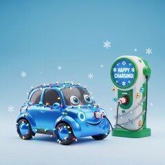 Cute electric car with Christmas light charging at festive winter station with holiday decoration and snow