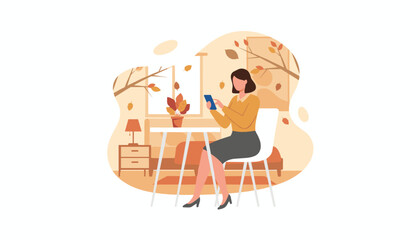 Cozy fall scene with woman scrolling smartphone indoors Autumn connection and lifestyle vector