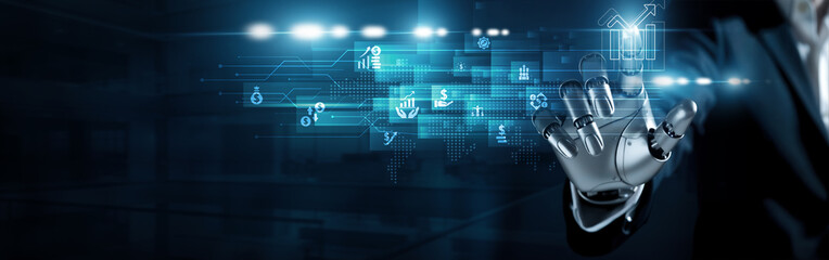 Humanoid robot touch investment concept. Advanced analytics, AI forecasting, and digital platforms optimizing portfolio strategies and driving smarter financial growth decisions.